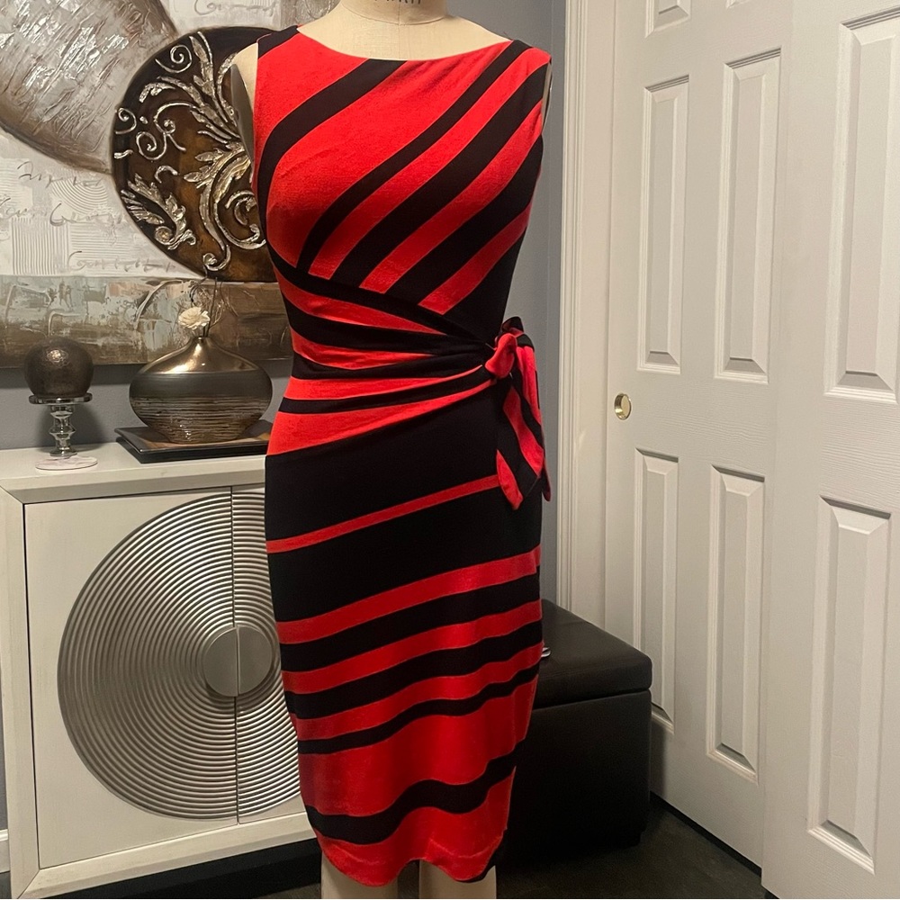 Asymmetrical Red and Black ‘Wrap-like’ Cache Midi Dress